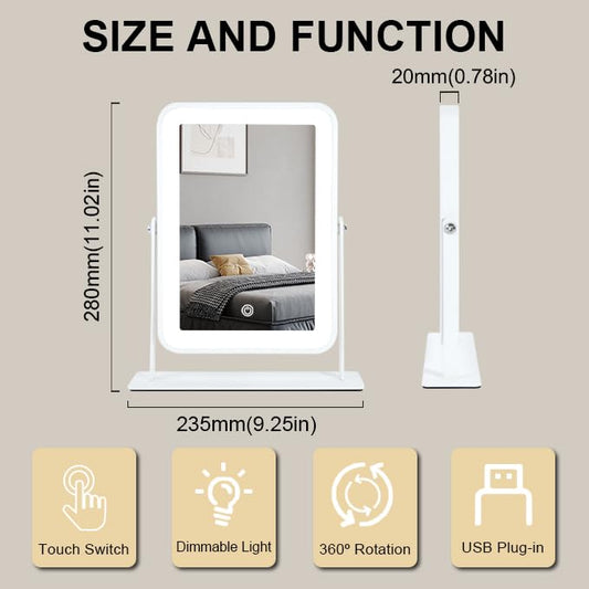 Rechargeable Small Vanity Mirror with Lights,9"x11"Portable LED Desk Mirror, Make up Mirror with Lighting,Touch Screen with 3-Color Lighting, Dimmable, for Shaving, Tabletop, Bedroom