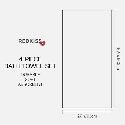 REDKISS 100% Cotton Bath Towels Set of 4, Extra Large Bath Sheets 27 X 59 Inches, 600 GSM, Quick Dry, Ultra Soft & Super Absorbent Bathroom Towel Sets for Bathroom, Gym, Spa, Pool & Hotel, White