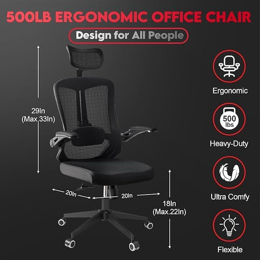 Ergonomic Office Chair - 400LB Comfy Desk Chairs with Adjustable Headrest and Lumbar Back Support, Mesh Computer Chairs with Wheels and Arms for Home Office, Study (669Black-With Headrest)