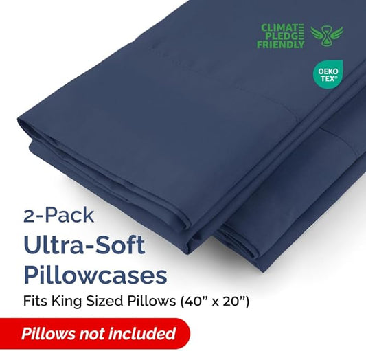 King Pillow Cases - 2 Pack - Super Soft Pillowcase Covers - Envelope Enclosure - Hotel Quality Pillow Protectors - Wrinkle Free, Shrink and Stain Resistant - Machine Washable - 20" x 40" (Navy Blue)