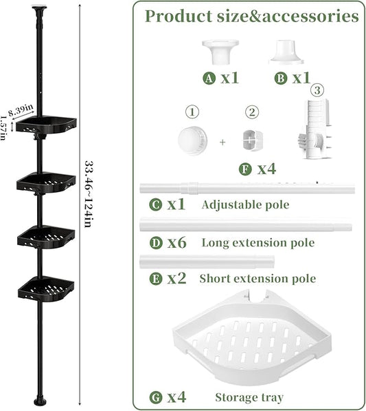 Tension Pole Shower Caddy Organizer with4 Tier L-Shaped Rust Resistant Bathroom Corner Shelves with 34-124 Inch Adjustable No Drilling Quick Install Shower Rack for Bath Essentials (Black)