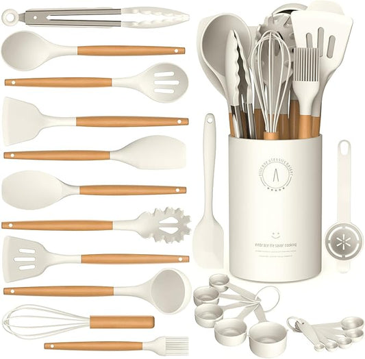 Silicone Cooking Utensils Set - AVGPD Silicone Kitchen Utensils for Cooking Wooden Handles, 446°F Heat Resistant Kitchen Utensil Spatula Sets, Gadgets for Non-Stick Cookware BPA FREE (Cream White)