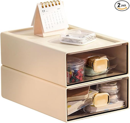 2PACK Stackable Desktop Storage Organizer Plastic Desk Organizer with Drawer Stacking Drawer for Pantry, Locker, Makeup, Vanity, Garage and Small Organization(M - 1 Drawer, Cream White)