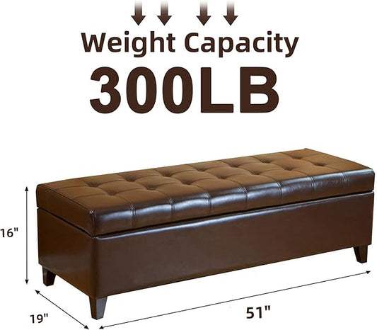 Homebeez 51" Faux Leather Storage Ottoman Bench Tufted Rectangular Footstool with Wood Legs (Brown)