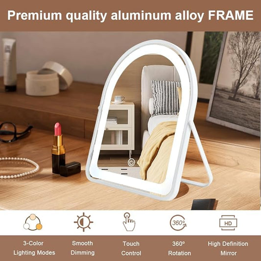Rechargeable Vanity Mirror with Lights,10"×7.8" Arched LED Makeup Mirror with Lights, Smart Touch Control Dimmable 3 Modes Light up Mirror for Dorm Desk Dressing Room,Gift for Women