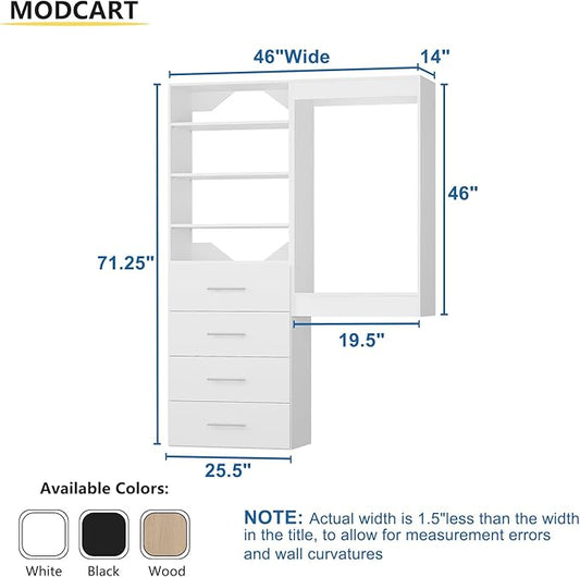 Modular Closet, 46" Wide Organizer with Tower and Drawers, Wood Tower Storage for Walk-In Closets, Wall-Mounted Wardrobe Organizer, White