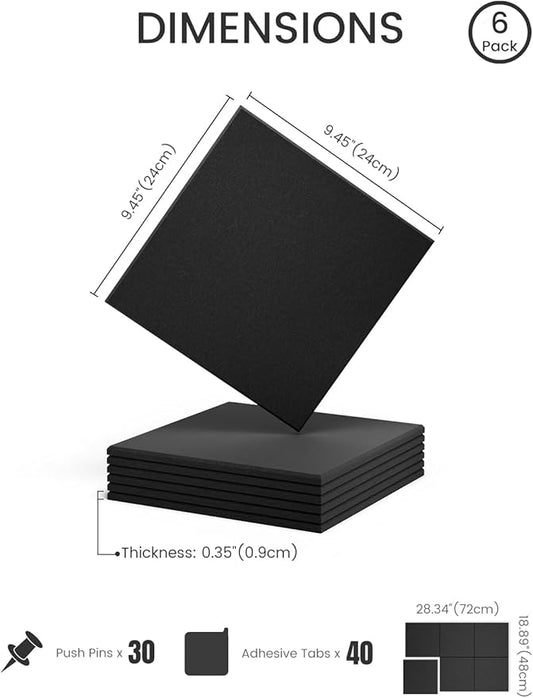 Felt Bulletin Board Tiles -28"x18" Cork Board Alternative for Office Decor, Push Pin Board Wall Organizer 6-Pack - Black