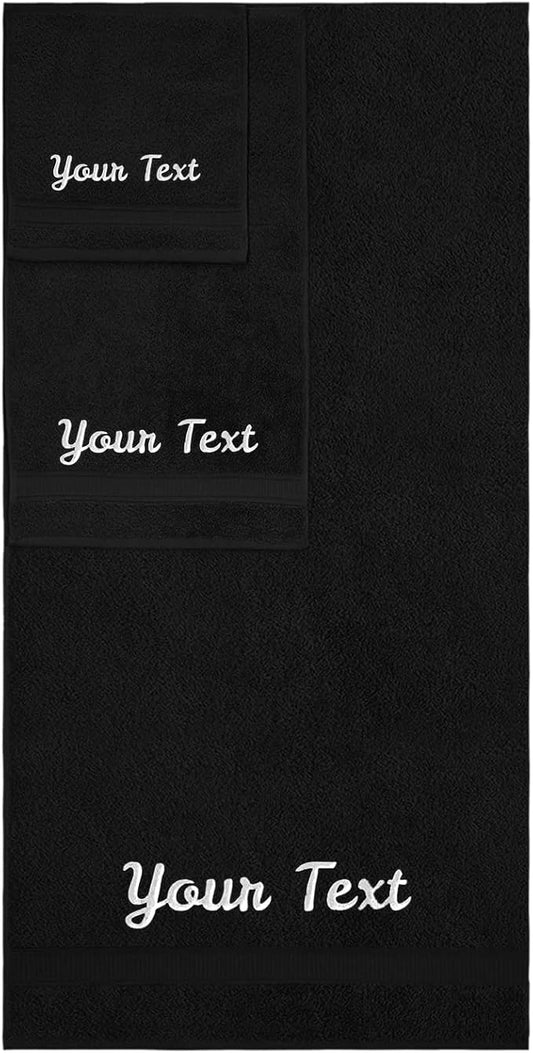 Personalized Towels, Hotel & Spa Quality, Super Soft, Highly Absorbent, Bathroom Sets, 100% Cotton Monogrammed towels 3 Piece Towel Set, Includes 1 Bath Towels, 1 Hand Towels, 1 Washcloths, Black