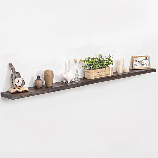 Floating Shelves for Wall, 72"x9.3" Rustic Solid Live-Edge Elm Wood Wall Shelves, Heavy-Duty Floating Shelves with Invisible Brackets, Set of 2 for Living Room, Bedroom, and Kitchen, Grey Finish