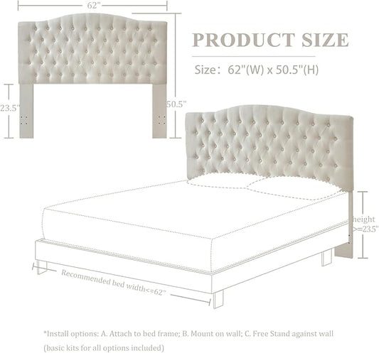 Linen Upholstered Headboard Queen/Full Size Bed Tufted Button Headboard, Featuring High-Density Sponge Padding, Luxury Texture Easy Assembly Comfort and Style-Ivory