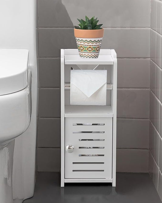 AOJEZOR Toilet Paper Holder Stand: Free Standing PVC Bathroom Cabinet - Small Bathroom Storage for Apartment Dwellers - White