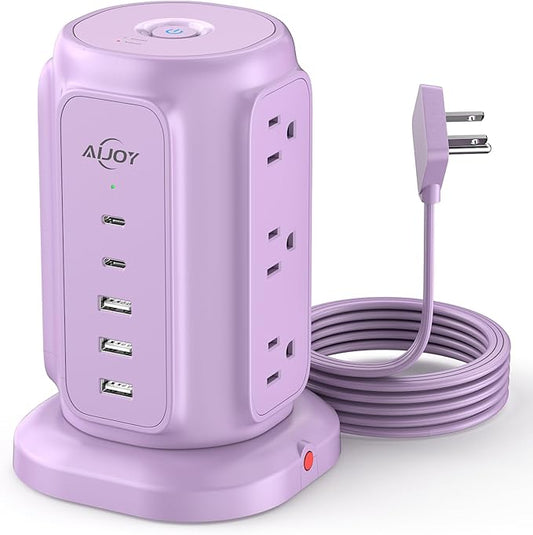 AiJoy Power Strip Tower with 9 Outlets and 5 USB Ports (2 USB C), 1200J Surge Protection, 1625W 6.5ft Flat Plug Extension Cord with Multiple Outlets Extender for Dorm Home Office Supplies, Purple