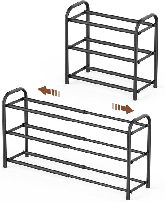 Gonfoam 3-Tier Expandable Shoe Rack,Adjustable Shoe Shelf Storage Organizer Heavy Duty Metal Free Standing Shoe Rack for Entryway Closet Doorway (Black) Dormly