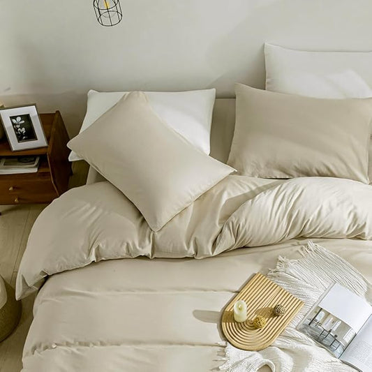 JELLYMONI Cotton Duvet Cover Queen Size - 100% Washed Cotton Linen Like Textured Comforter Cover, 3 Pieces Breathable Soft Bedding Set with Zipper Closure (Light Khaki, Queen 90"x90")