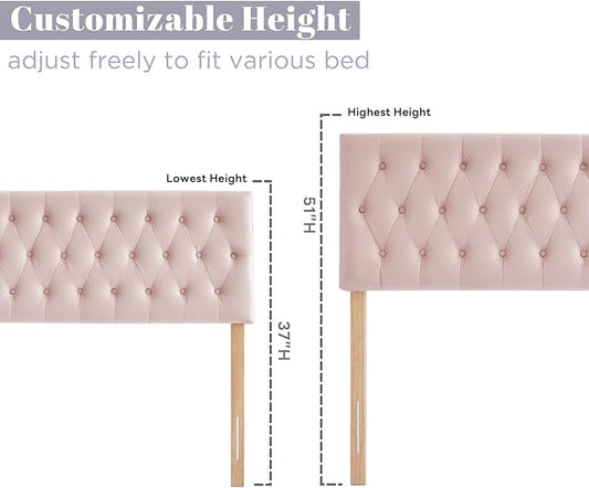 Kingfun Headboards in Modern Button Design, Premium Velvet Fabric Upholstered Tufted Bed Headboard, Adjustable Solid Wood Head Board (Pink, Twin)