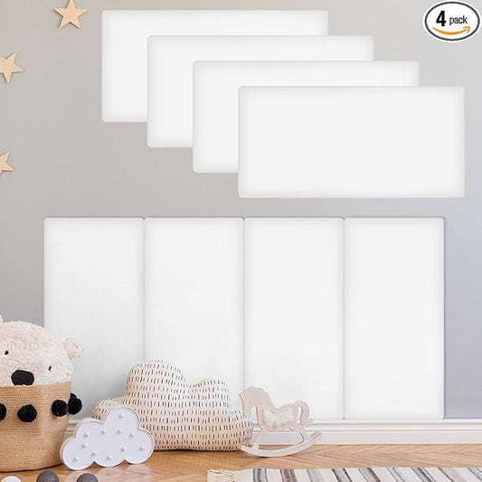 4 Pack Wall Padding for Playroom Peel and Stick Headboard 15.75" x 7.87" x 1.18" 3D Anti Collision Upholstered Wall Panels Self Adhesive Headboard Panel for Protection (White)