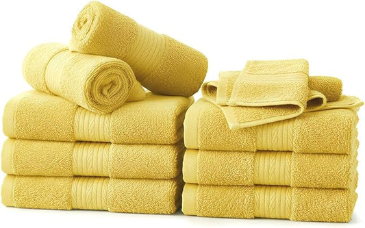 Ample Decor Wash Cloths Pack of 10, Oeko Tex Certified 600 GSM 100% Cotton Soft Absorbent, Premium Quality Durable Machine Washable, Ideal for Bathroom, Pool, Hotel, Spa – Yellow