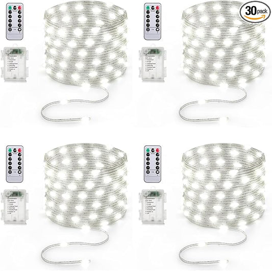 16.5ft Battery Operated String Lights (4 Pack), 50 LED Fairy String Lights Battery Powered with Remote & Timer for Indoor Outdoor Christmas Trees Wreath Decoration Bedroom Patio - Cool White