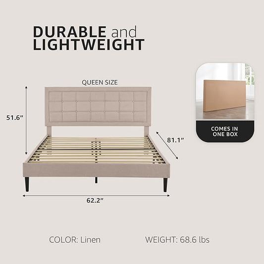 Decoro Mornington Upholstered 2.0 Platform Bed, Button-Tufted Fabric Headboard and Metal Frame with Wood Slat Support, Linen, Queen