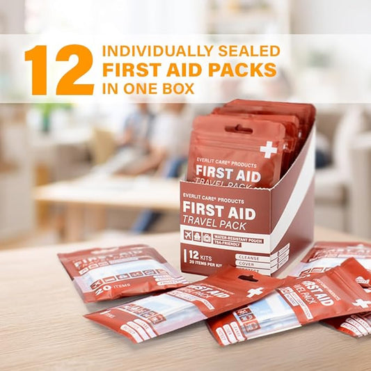 Travel Bandage Pack | 12 Individual Packets, Bulk Portable Mini First Aid Kit with 20 On-The-Go Essentials | Compact Water-Resistant Reusable Pouch to Clean, Cover & Protect