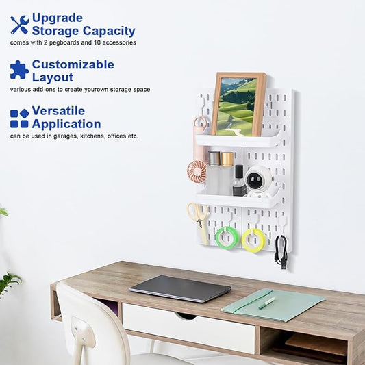 Pegboard Wall Organizer - Modular System for Gaming Setup, Office & Kitchen Storage Solutions Create A Perfectly Structured Space peg board (White,16″×12″)