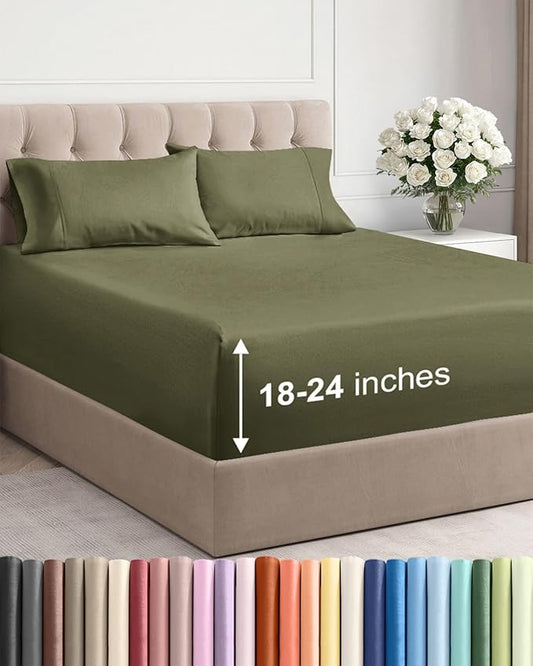 Extra Deep Pocket Queen Sheet Set - 4 Piece Breathable & Cooling Bed Sheets - Hotel Luxury Sheet Set - Soft, Wrinkle Free & Comfy - Easily Fits Extra Deep Mattresses - Deep Pocket Sage Green Sheets