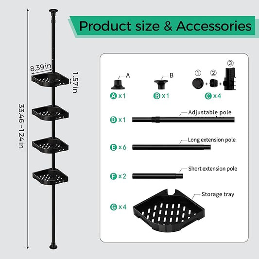 4-Tier Corner Shower Caddy Tension Pole Organizer - Adjustable Rustproof Metal Tension Pole, Plastic Shelves with Safety Guardrail, Bathroom Storage for Shower & Bathtub(Black)