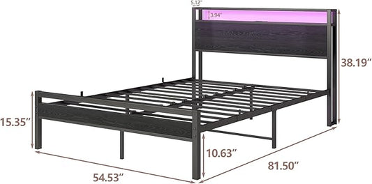 HOJINLINERO Full Size Bed Frame with Storage Headboard/LED Lights, Metal Bed Frame with Charging Station, No Box Spring Needed, Heavy Duty Metal Slats Support, Black