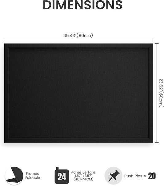 Foldable Cork Board Alternative, Felt Bulletin Board 36" x 24" Black Frame with 24 Adhesive Tabs, Pin Board for Home Office, Classroom, Entryway, Kitchen Wall Decor—Black