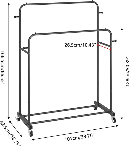 Laiensia Double Rods Garment Rack with Wheels, Clothing Rack for Hanging Clothes,4 Hooks, Multi-functional Bedroom Clothes Rack, Black