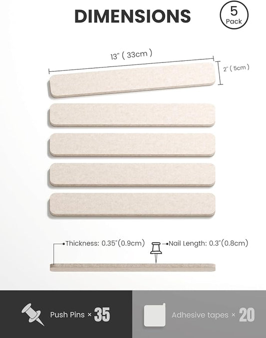 Cork Board Alternative Felt Strip Board 5-Pack 13"x2", Office Pin Board with 35 Push Pins, Adhesive Install for Bedroom Door & Home Office(Oatmeal)