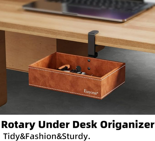 PU Leather Under Desk Drawer Organizer, 360° Rotating Clamp for Stationery, Remote Control, Phone & Pencil Storage, Computer Desk Accessories (Brown)