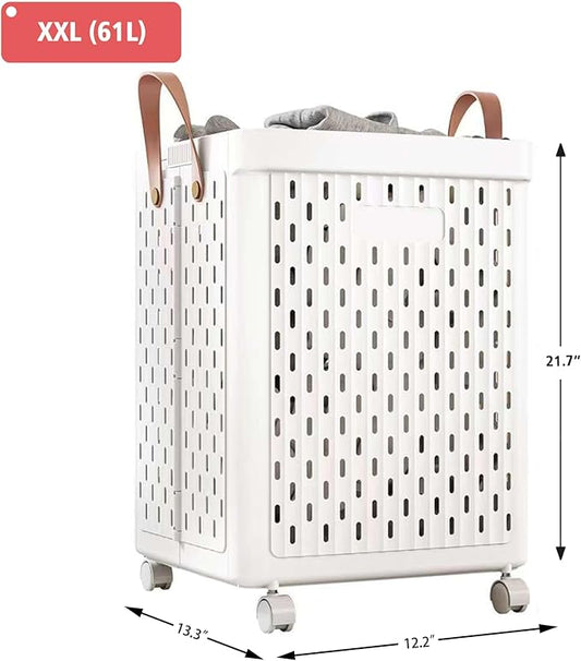 UAK Laundry Basket with Wheels, Collapsible Plastic Laundry Hamper with Handle, Foldable Laundry Basket Organizer for Laundry and Bathroom (Pure white, XXL)