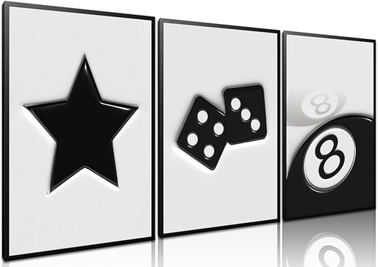Black And White Dice Canvas Wall Art Set Of 3,Funky Retro Y2k 8 Ball Wall Decor Paintings, Funky Lucky Preppy Posters Prints Pictures For Game Room Apartment Dorm Teenager Room 16x24in Framed