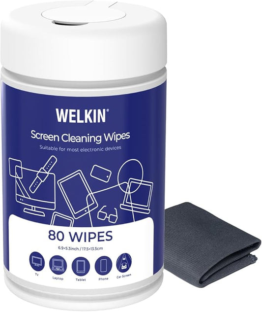 WELKIN 80 Electronics Cleaning Wipes - Non Toxic Screen Cleaner, Streak Free Touchscreen Cleaning for All Phones, Laptop, Computer, TV and Car,1 X Microfiber Cloth Included