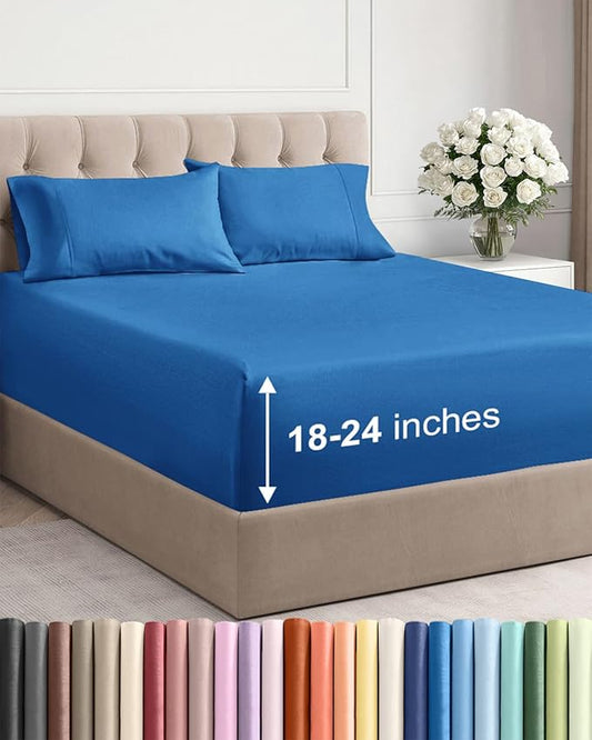 Extra Deep Pocket Cal King Sheets - 4 Piece Breathable & Cooling Bed Sheets - Hotel Luxury Sheet Set - Soft, Wrinkle Free & Comfy - Easily Fits Extra Deep Mattresses - Deep Pocket Royal Blue Sheets