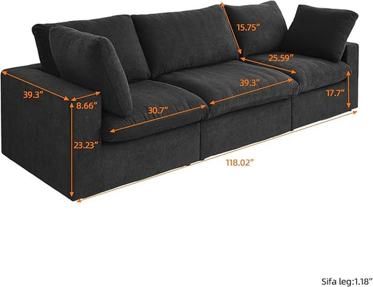 WJShome Cloud Modular Sectional Couch, 120.45" Convertible Couch - 3 Seater for Living Room, Minimalist Deep Sofa, Washable & Replaceable Sofa Covers (Black)