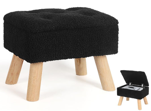 OGEMXU Storage Ottoman, Small Foot Stool Ottoman with Storage, Boucle Teddy Velvet Foot Rest with Padded Seat, Sturdy Wood Legs Stool for Living Room, Bedroom, Couch, Enterway (Cream) Dormly