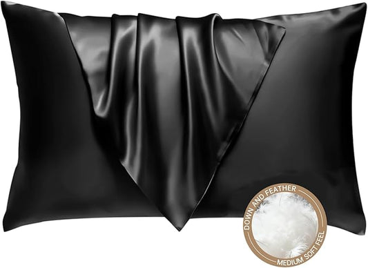 BHZ Black Satin Goose Down Feather Pillows Queen Size with Black Satin Pillowcase for Hair and Skin, Cooling Pillow Cases Similar to Silk Pillow Cases, Decorative for Women, Mom Men