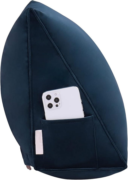 Wedge Headboard Bolster Pillow Reading Pillows for Sitting in Bed Adult,Small Velvet Triangular Cushion Backrest Lumbar Back Support Upholstered Daybed Sit Up Book Pillows(Darkblue, Small)