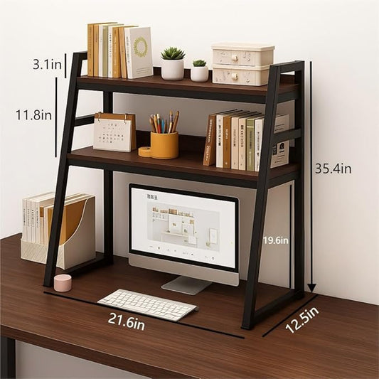 2-Tier Desktop Bookshelf, Wood Hutch Shelf Organizer, 29.9 x 12.6 x 35.4 inches, Study Room Storage Rack (Black, 22 * 12 * 35in)