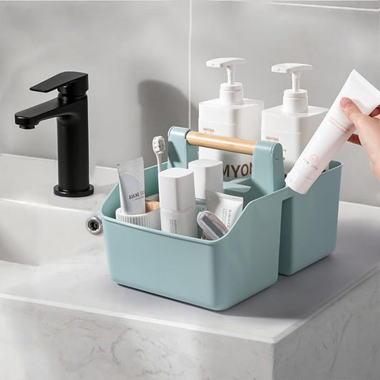 rejomiik Portable Shower Caddy Basket with Bamboo Handle, Plastic Cleaning Caddy Bathroom Organizer Tote for College Dorm Essentials, Bath Toy Storage, Blue