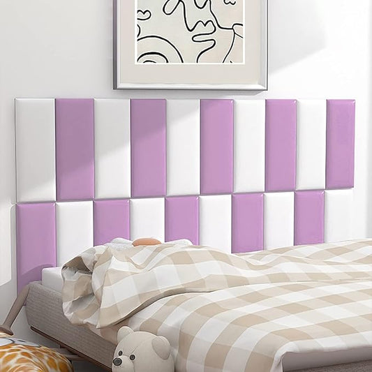 3D Anti-Collision Wall Padding, Peel & Stick Upholstered Wall Panels, Queen Headboard, Playroom Decorative Protection, Pack of 2 Panels - 23.6' X 11.8' (Purple)