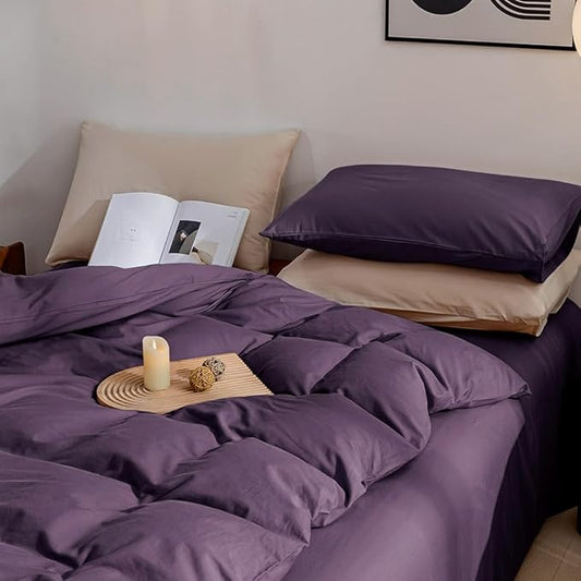 JELLYMONI Purple Duvet Cover King Size - 100% Washed Cotton Linen Like Textured Comforter Cover, 3 Pieces Lightweight Soft Bedding Set with Zipper Closure (Purple, King 104"x90")