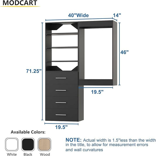 Modular Closet, 40" Wide Wardrobe Organizer with Tower and Drawers, Wood, Wall Mounted, Bedroom, Black
