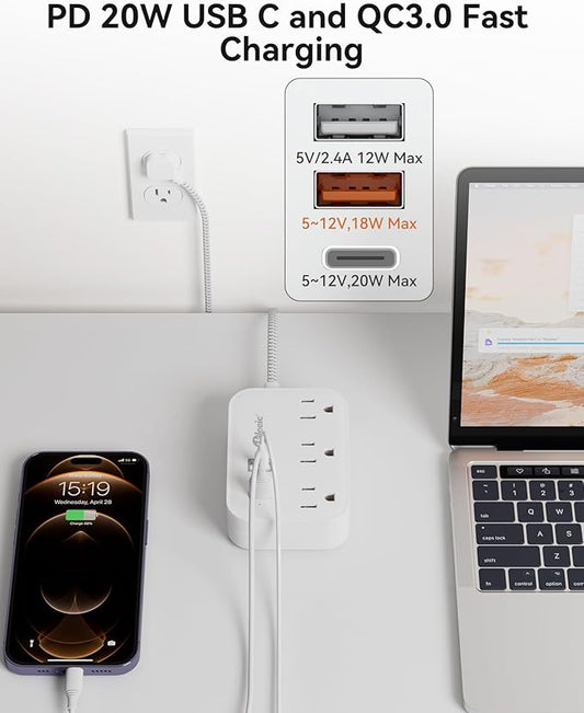 PD 20W USB C Travel Power Strip, Flat Plug Power Strip with 3 USB(1 USB C) Ports, Short Extension Cord 3FT PD 20W Fast Charging Station, Cruise Ship Essentials Compatible with iPad Pro iPhone Samsung