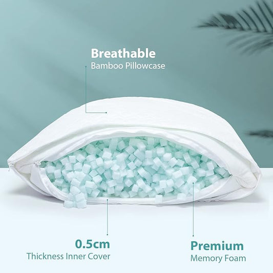 Memory Foam Pillows Queen Size Set of 2 - Adjustable Bed Pillows for Side Back Stomach Sleepers - with Washable Cooling Pillowcase