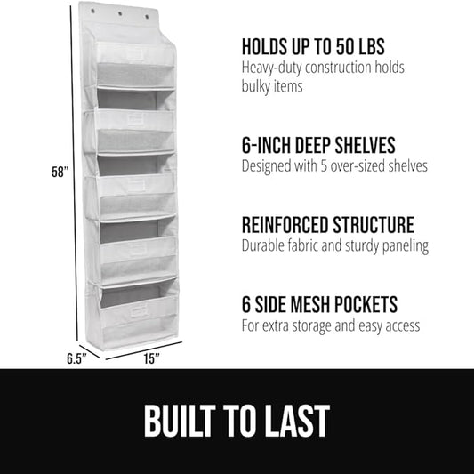 GORILLA GRIP Large Capacity Closet Organizer, 5 Deep Shelves, Holds 50lbs, Over the Door Organizers 6 Mesh Pockets, Shelf Storage for Clothes Crafts Dorm Essentials, 3 Metal Hooks, 58x15 Inches, White