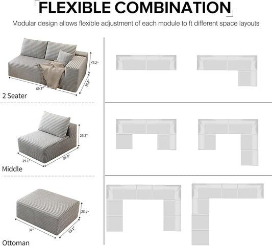 168.5" Modular Sectional Sofa, Oversized U-Shaped Minimalist Couches with 1 Middle Seat and 2 Ottomans Chaise, Modern Deep Seat Convertible Sleeper Sofa, Cloud Plush Corduroy Fabric,7 Seater, Grey