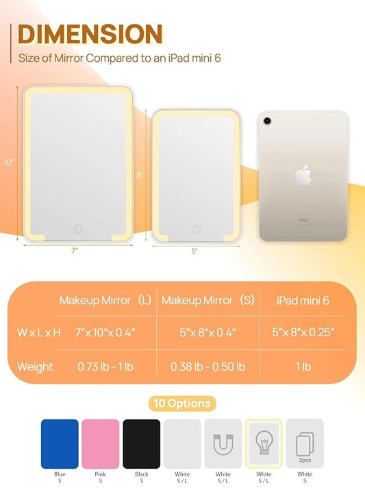 OMIRO Travel Makeup Mirror with Light, 10 x 7 inch Lighted Desk Mirror with Adjustable Stand and 3 Lighting Modes for Shaving and Travelling, White